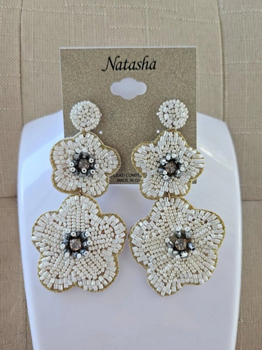 Natasha Women Earrings White Beaded Fashion Jewelry Drop Down Earrings NWT